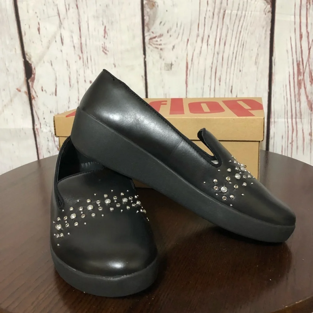 FitFlop Audrey Pearl Stud Smoking Slippers Black Studded Women's Shoes 6.5 NiB